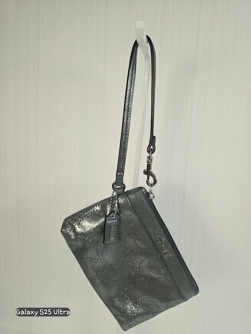COACH Metallic Gunmetal Perforated Signature C Wristlet Bag F45561